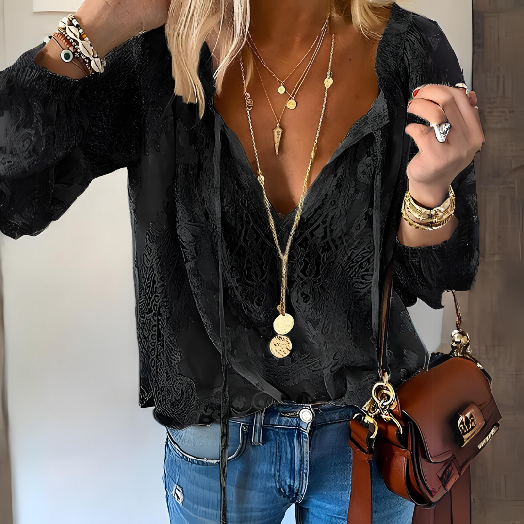 Blusa de Encaje Escote V Mujer Manga Larga