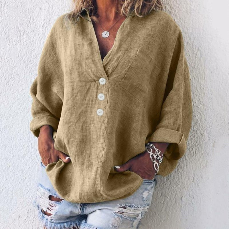 Blusa de Lino con Botones Cuello V Mujer Oversized