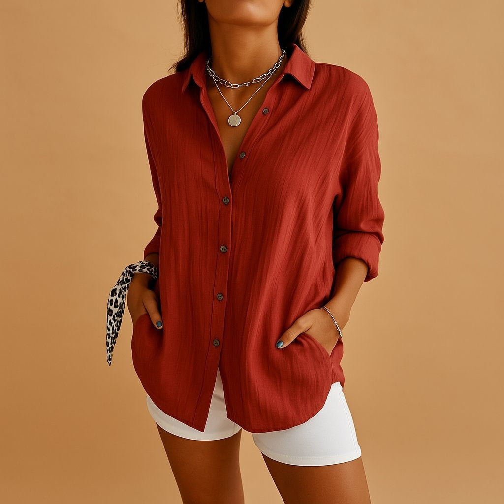 Blusa de Lino de Manga Larga Mujer Botones