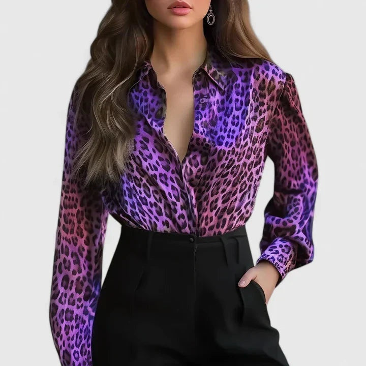Blusa de Manga Larga Estampado Animal Mujer Cuello Clásico
