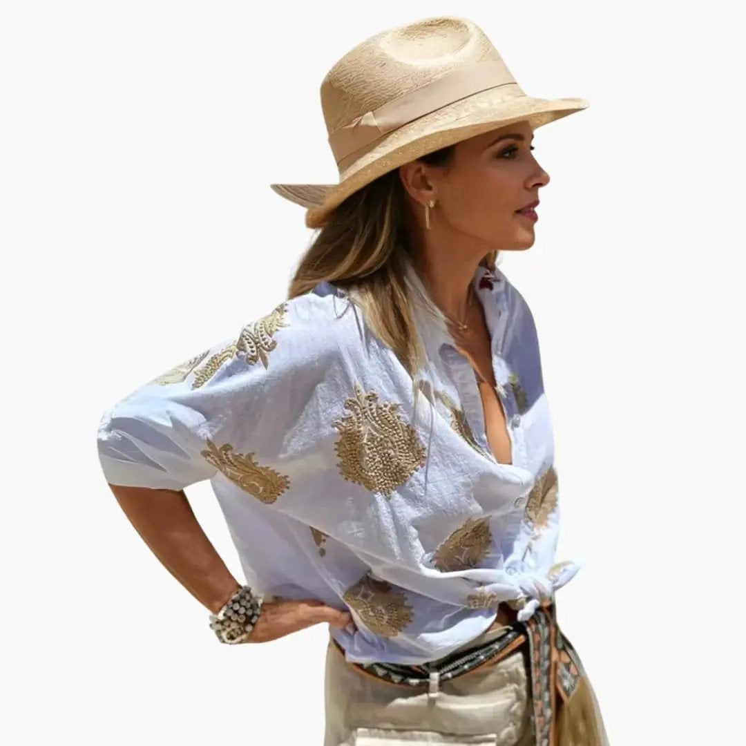 Blusa Estampada de Manga Larga Mujer Escote V