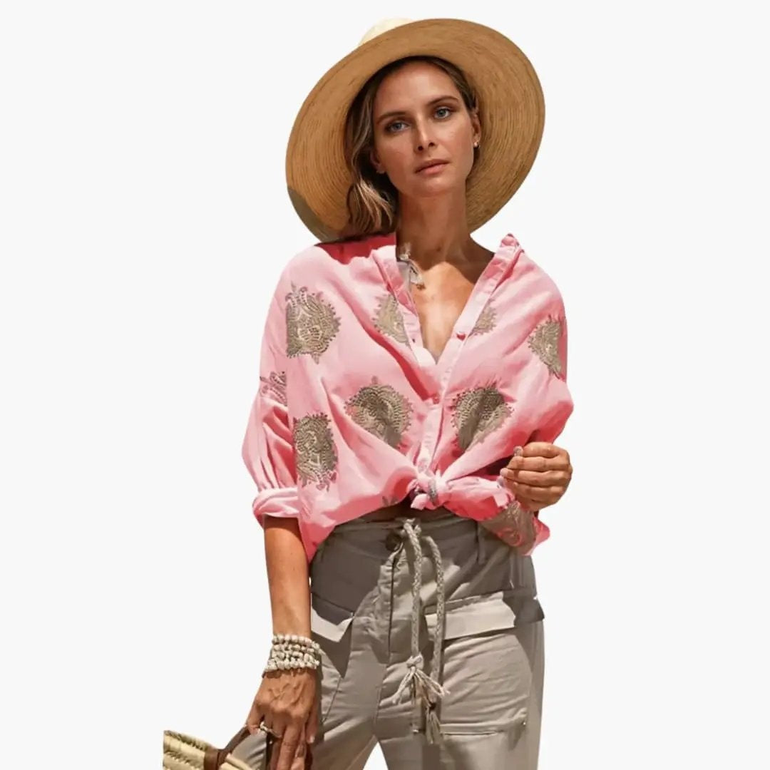 Blusa Estampada de Manga Larga Mujer Escote V