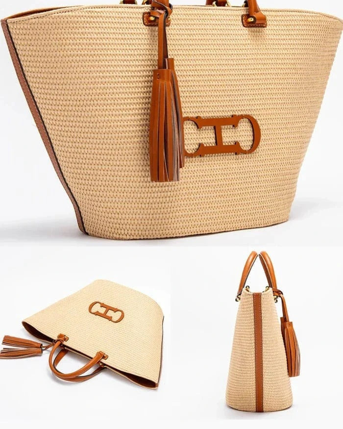 Bolso Shopper Trenzado de Hombro Mujer Borlas