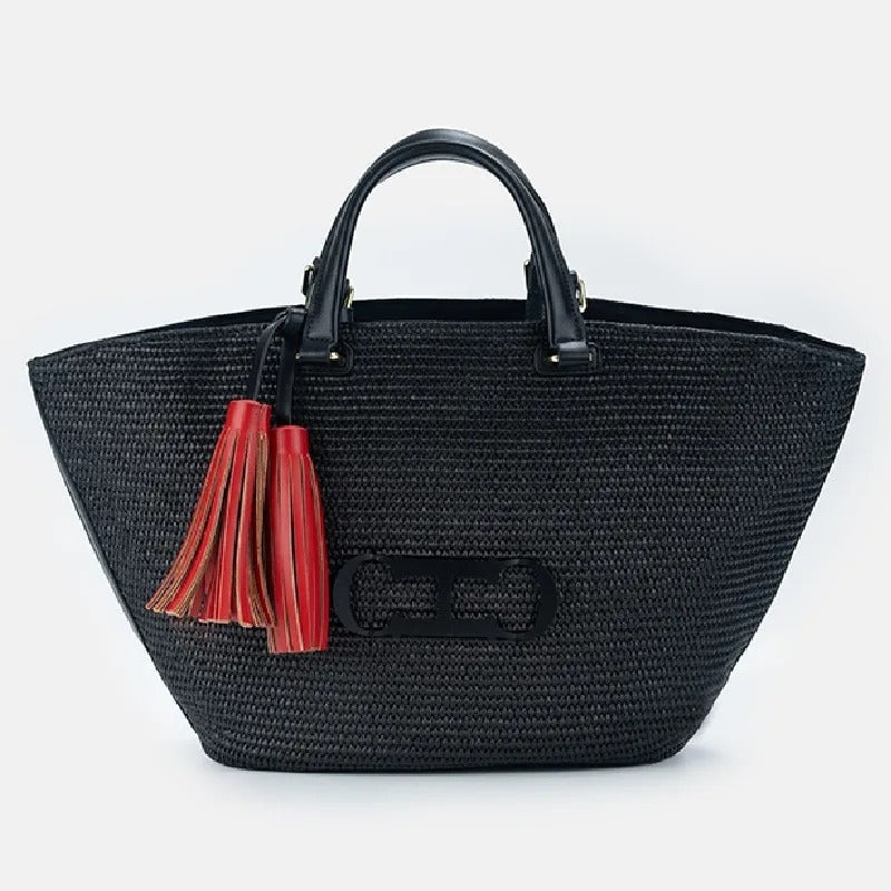 Bolso Shopper Trenzado de Hombro Mujer Borlas