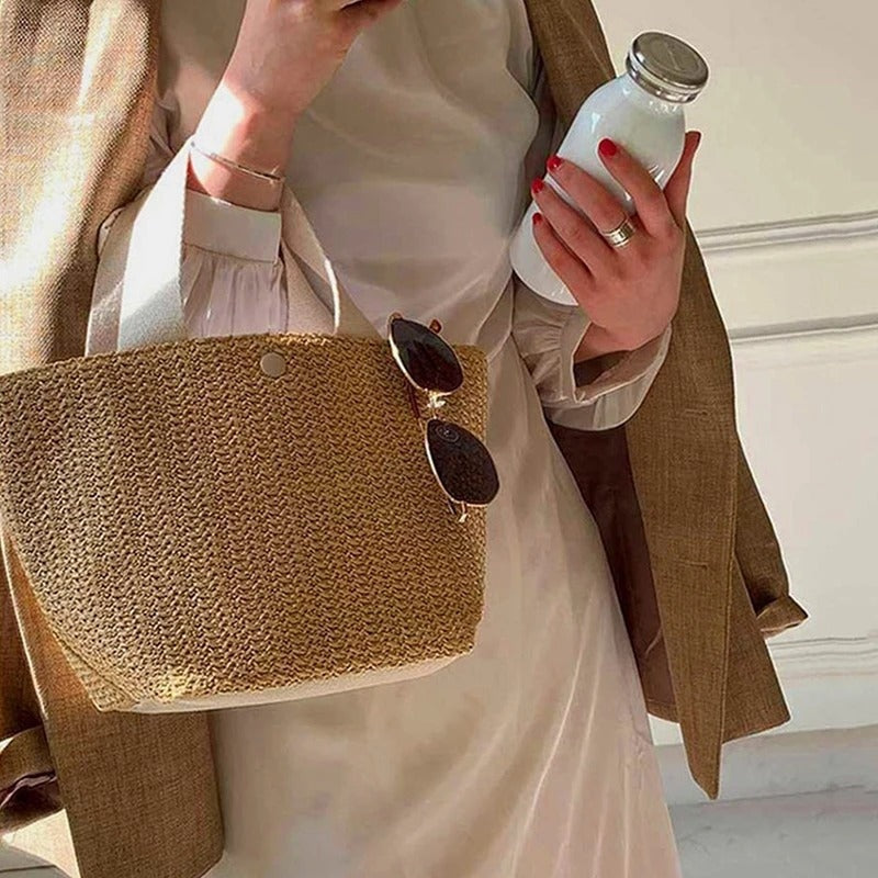 Bolso Shopper Trenzado de Paja Mujer Asa Corta