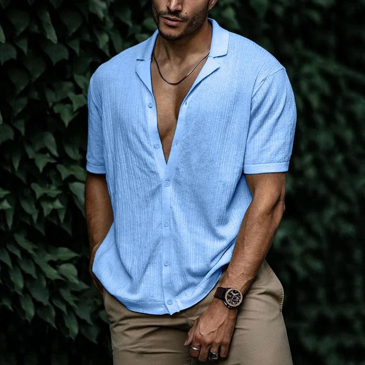 Camisa de Lino de Manga Corta Hombre Cuello Clásico