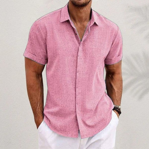 Camisa de Lino de Manga Corta Hombre Cuello Clásico