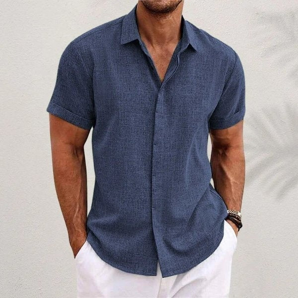 Camisa de Lino de Manga Corta Hombre Cuello Clásico