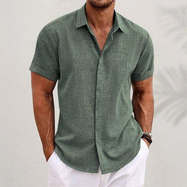 Camisa de Lino de Manga Corta Hombre Cuello Clásico