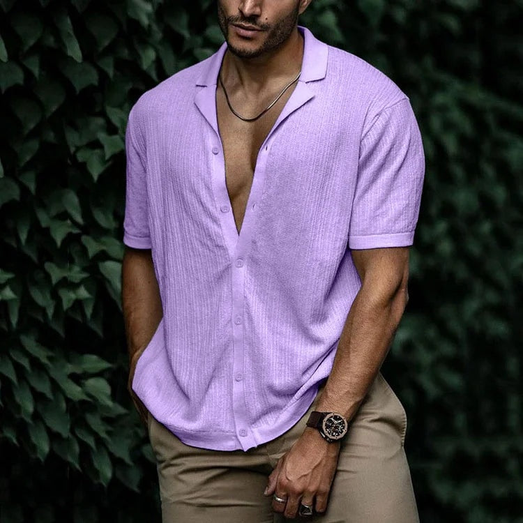 Camisa de Lino de Manga Corta Hombre Cuello Clásico