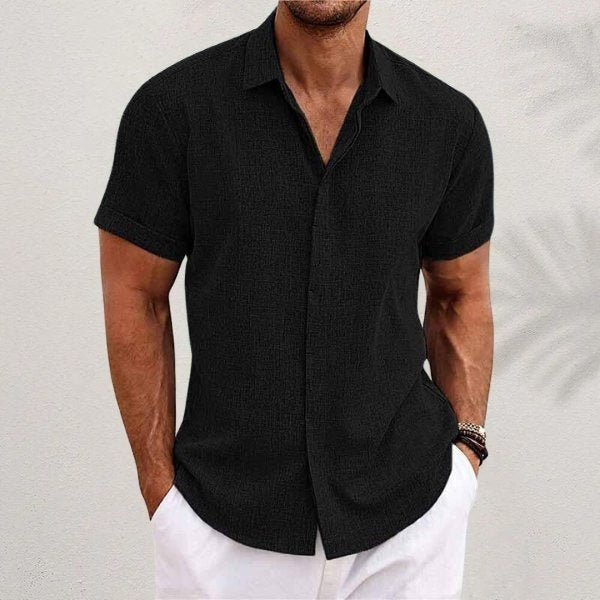 Camisa de Lino de Manga Corta Hombre Cuello Clásico