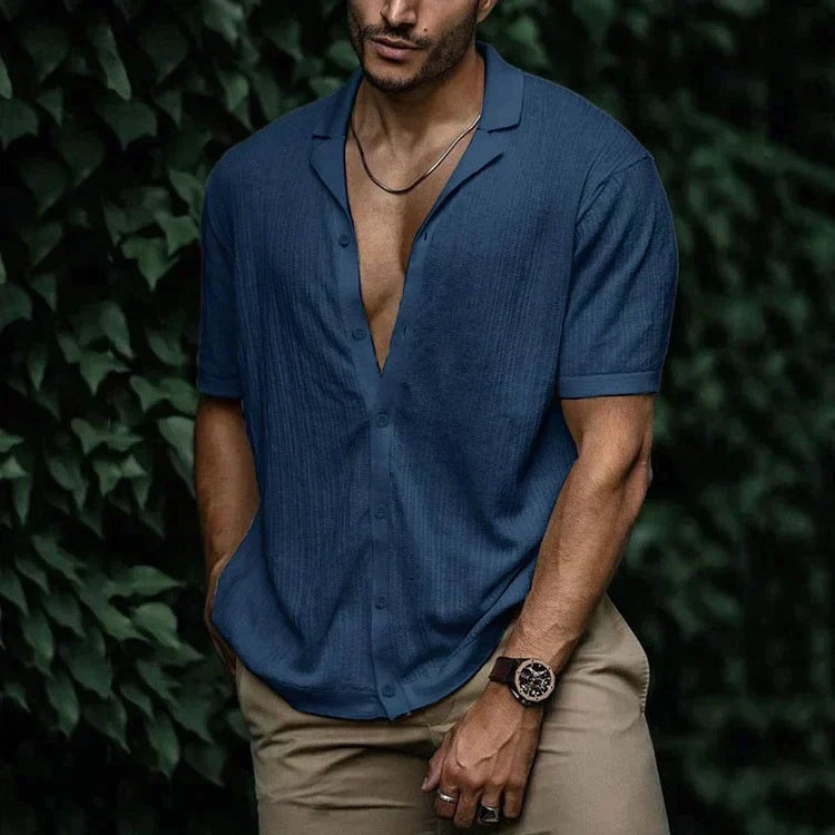 Camisa de Lino de Manga Corta Hombre Cuello Clásico