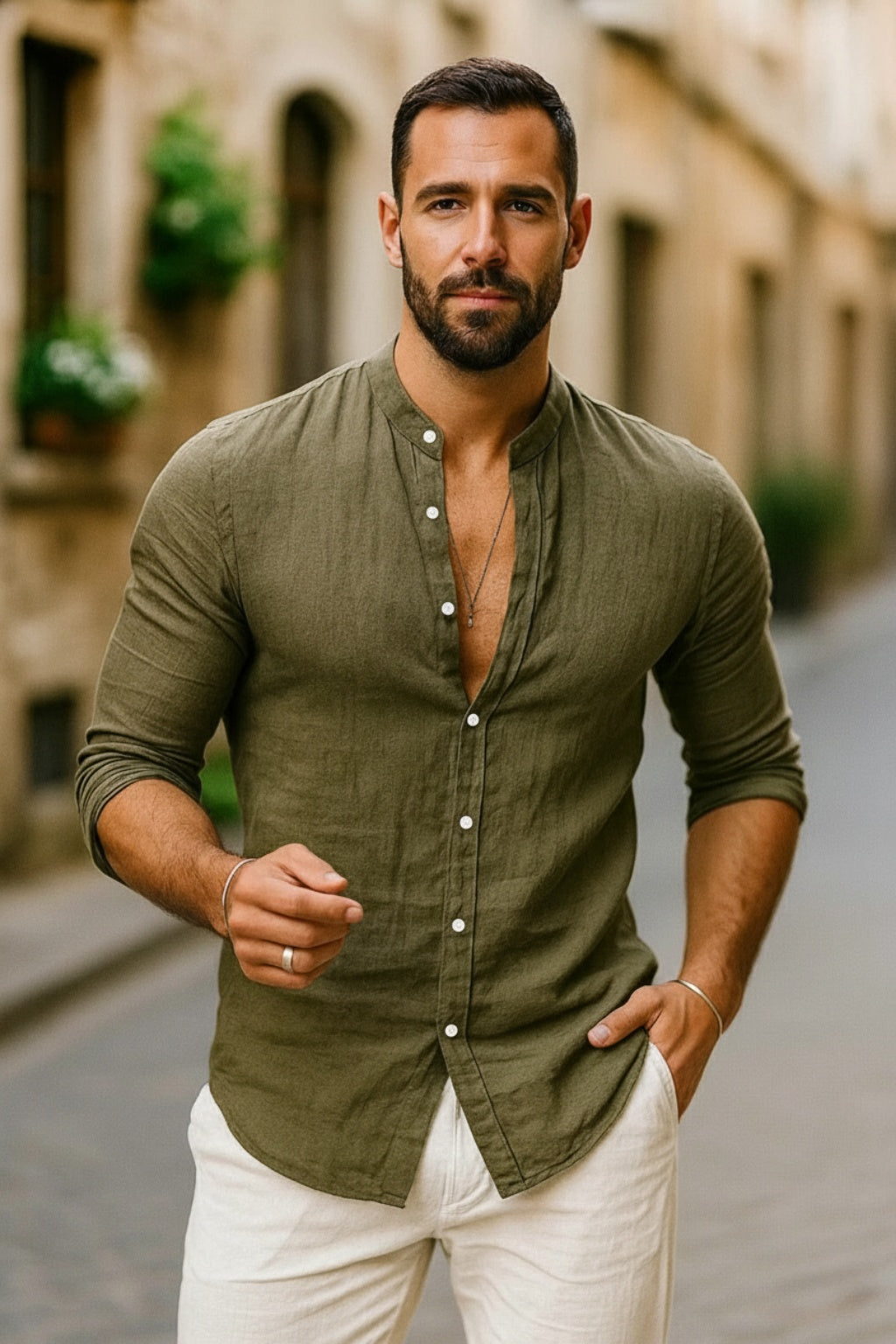 Camisa de Lino de Manga Larga Hombre Cuello Mao