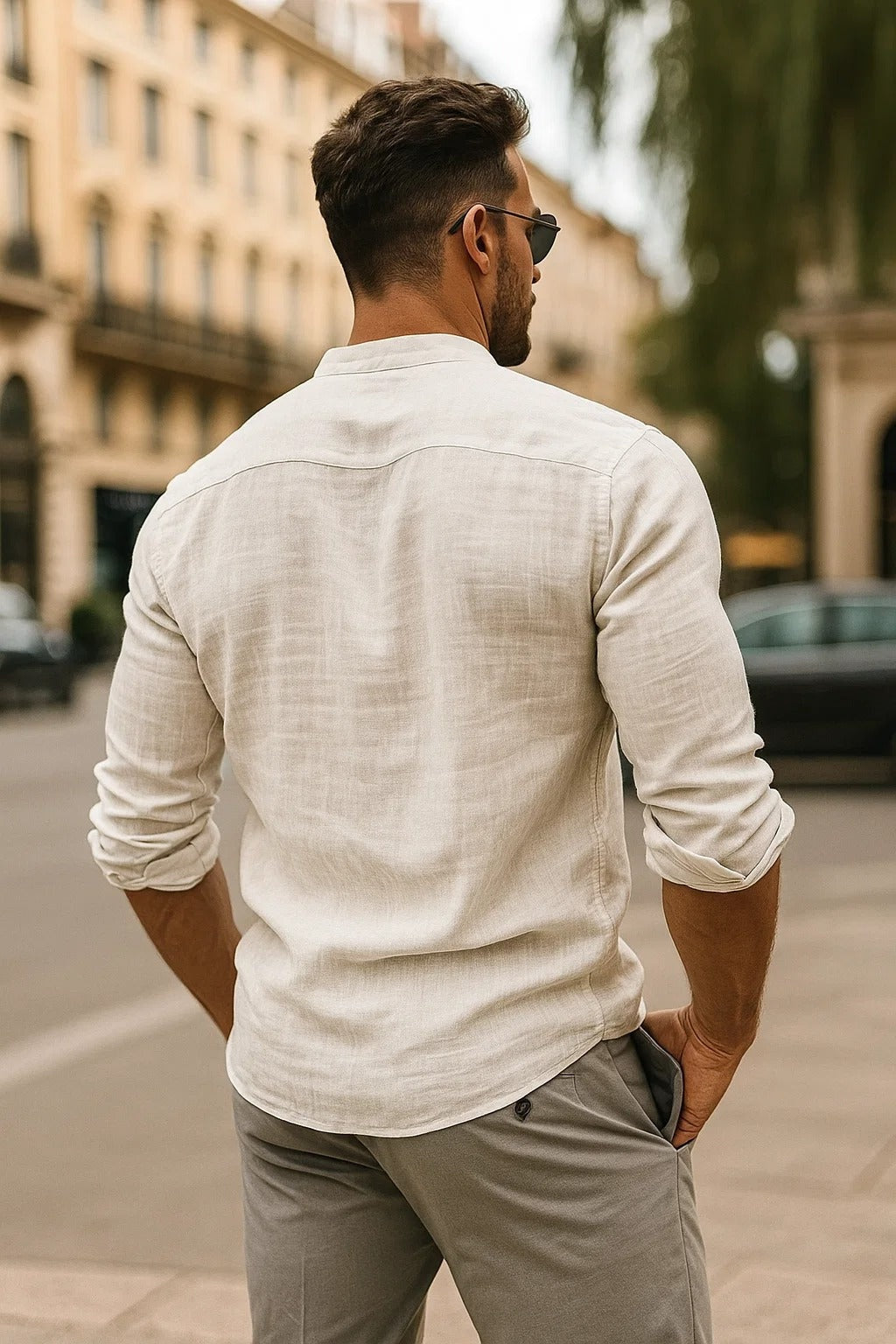 Camisa de Lino de Manga Larga Hombre Cuello Mao