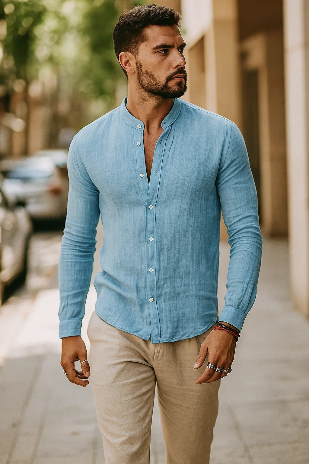 Camisa de Lino de Manga Larga Hombre Cuello Mao