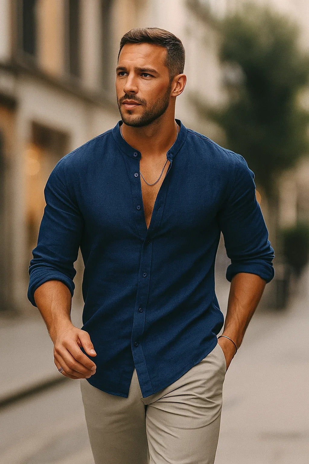 Camisa de Lino de Manga Larga Hombre Cuello Mao