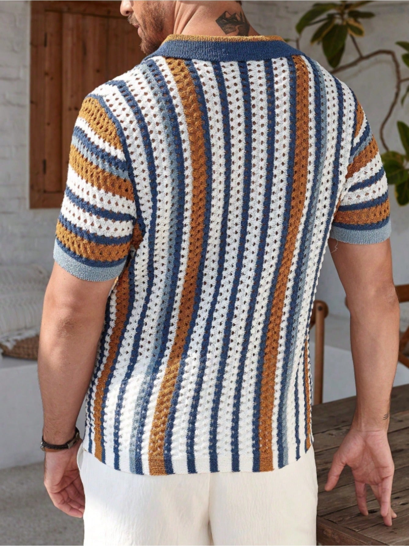 Camisa de Punto Estampada Rayas Hombre Cuello Polo
