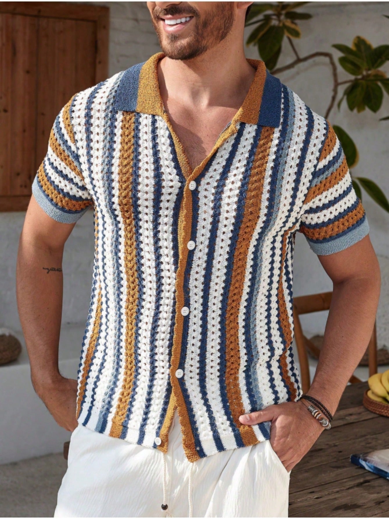 Camisa de Punto Estampada Rayas Hombre Cuello Polo