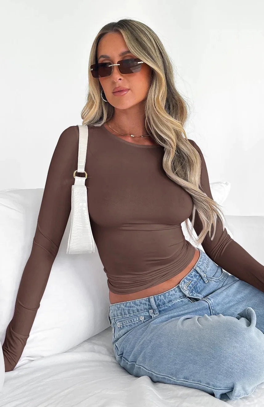 Camiseta Básica de Manga Larga Mujer Cuello Redondo