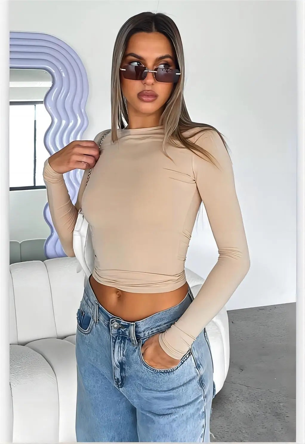 Camiseta Básica de Manga Larga Mujer Cuello Redondo