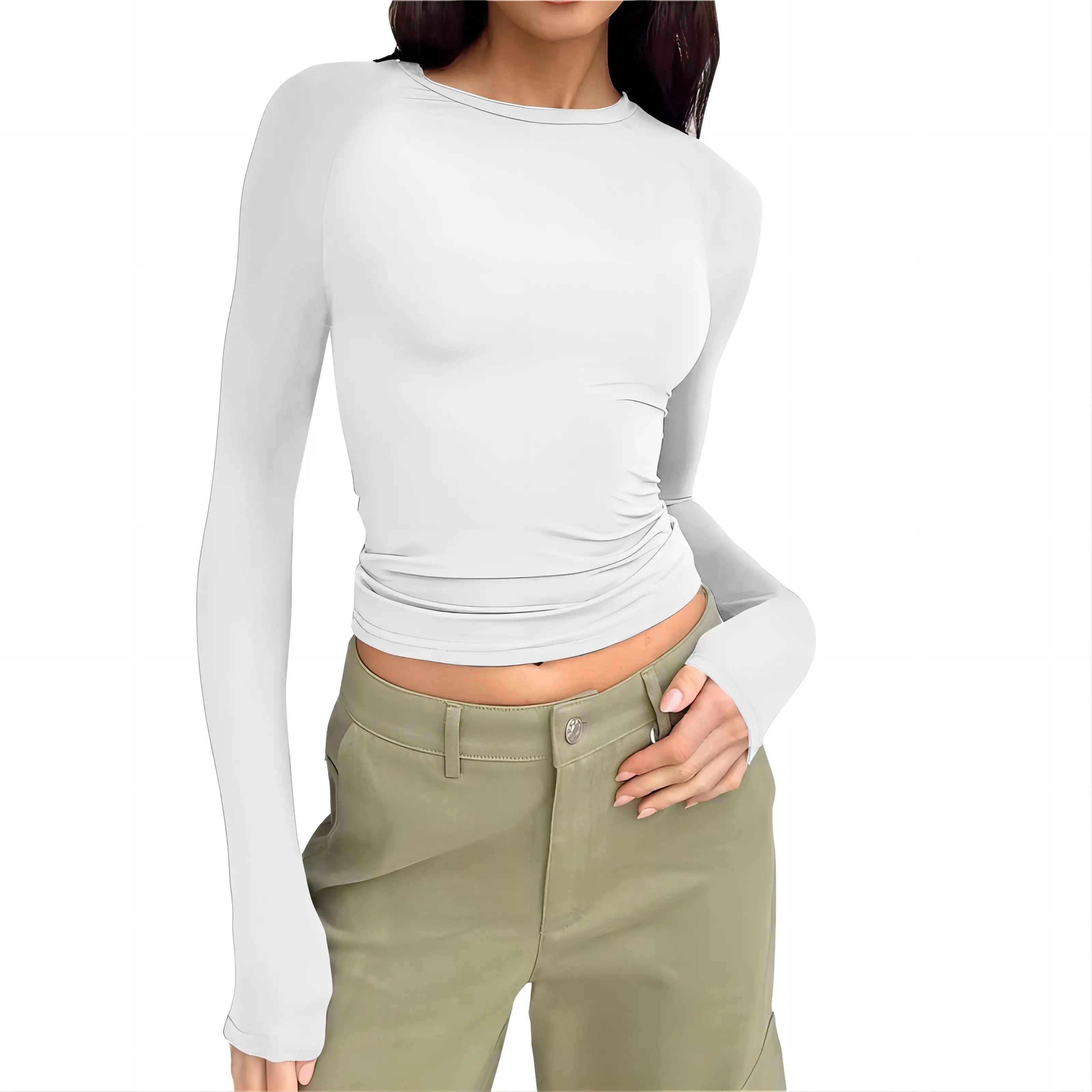 Camiseta Básica de Manga Larga Mujer Cuello Redondo