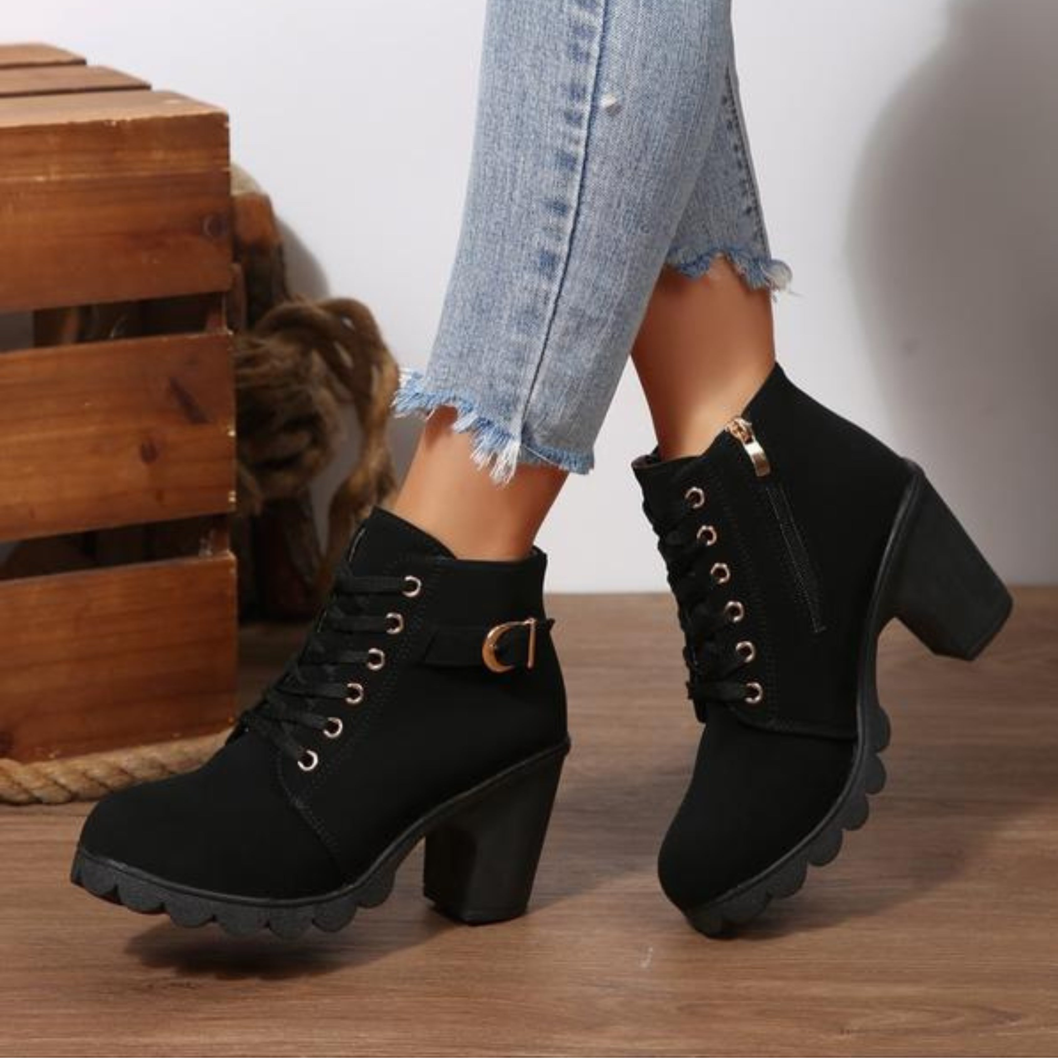 Candela | Botines con Cordones Mujer Tacón Bloque Hebilla