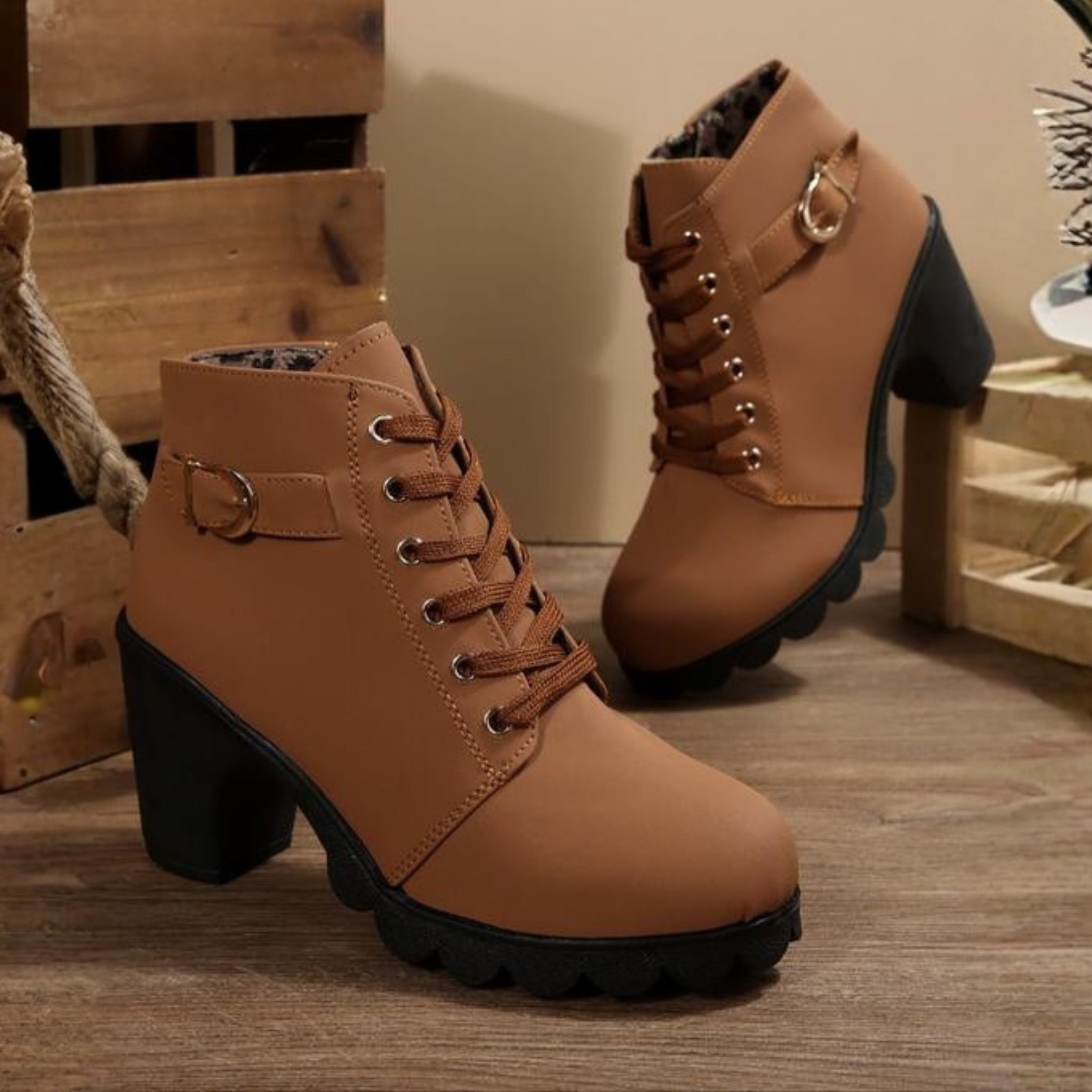 Candela | Botines con Cordones Mujer Tacón Bloque Hebilla