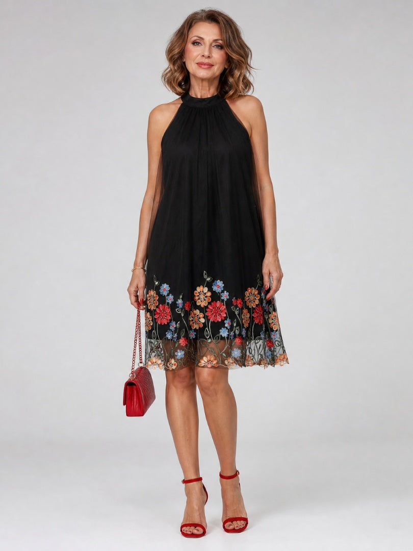 Candela | Vestido Corto Halter Bordado Floral Mujer Sin Mangas