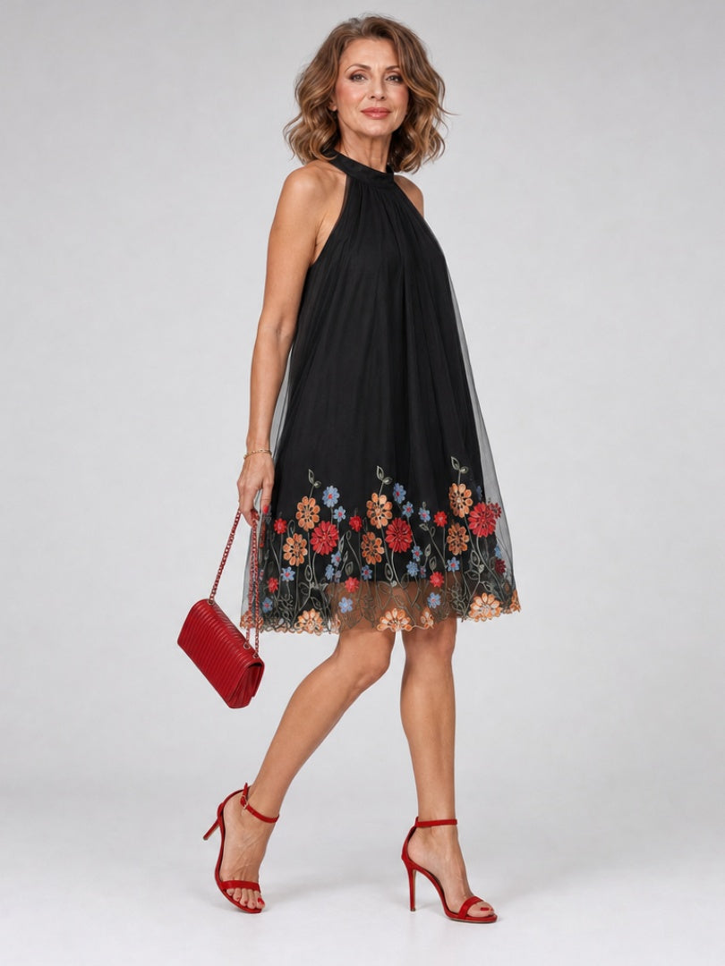 Candela | Vestido Corto Halter Bordado Floral Mujer Sin Mangas
