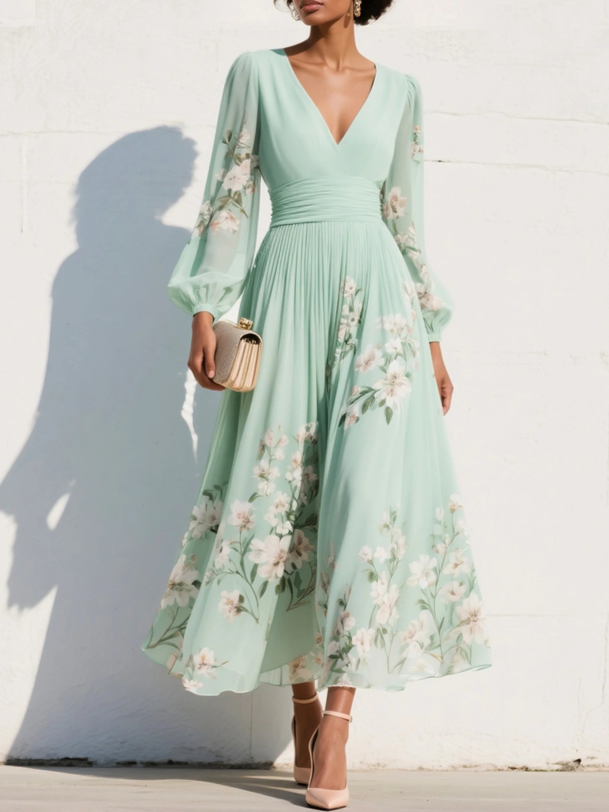 Candela | Vestido de Graduación Floral Mujer Manga Larga Escote V