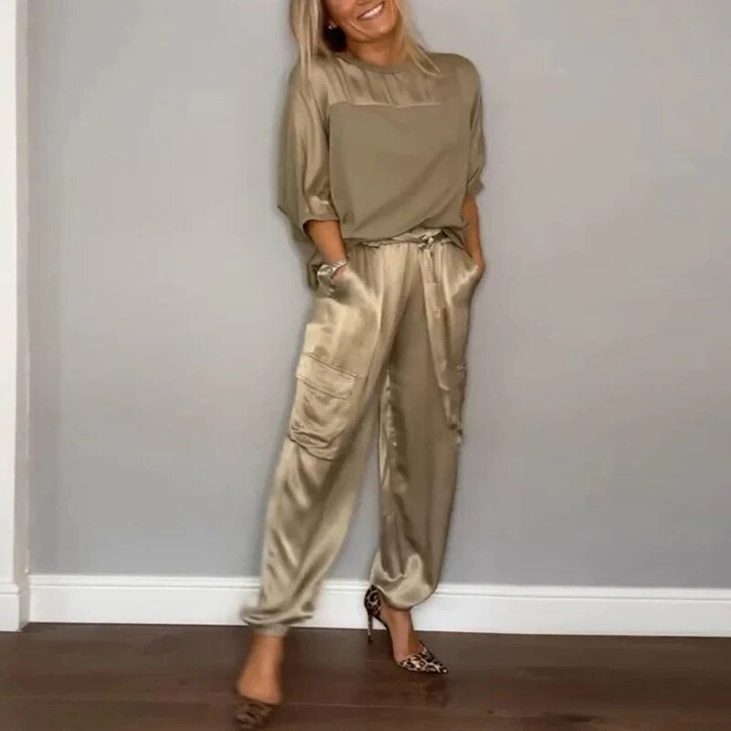 Carla | Conjunto de Dos Piezas Satén Pantalones Cargo Mujer Cintura Ajustable