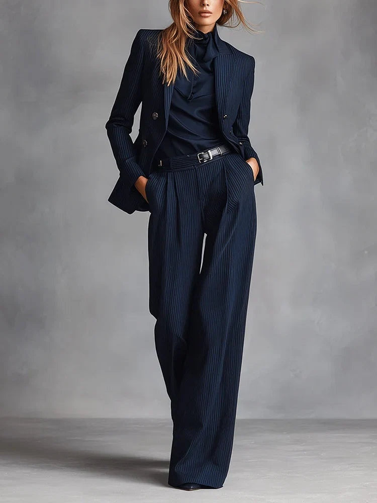 Carla | Conjunto de Traje a Rayas Mujer Blazer Doble Botonadura Pantalón Palazzo