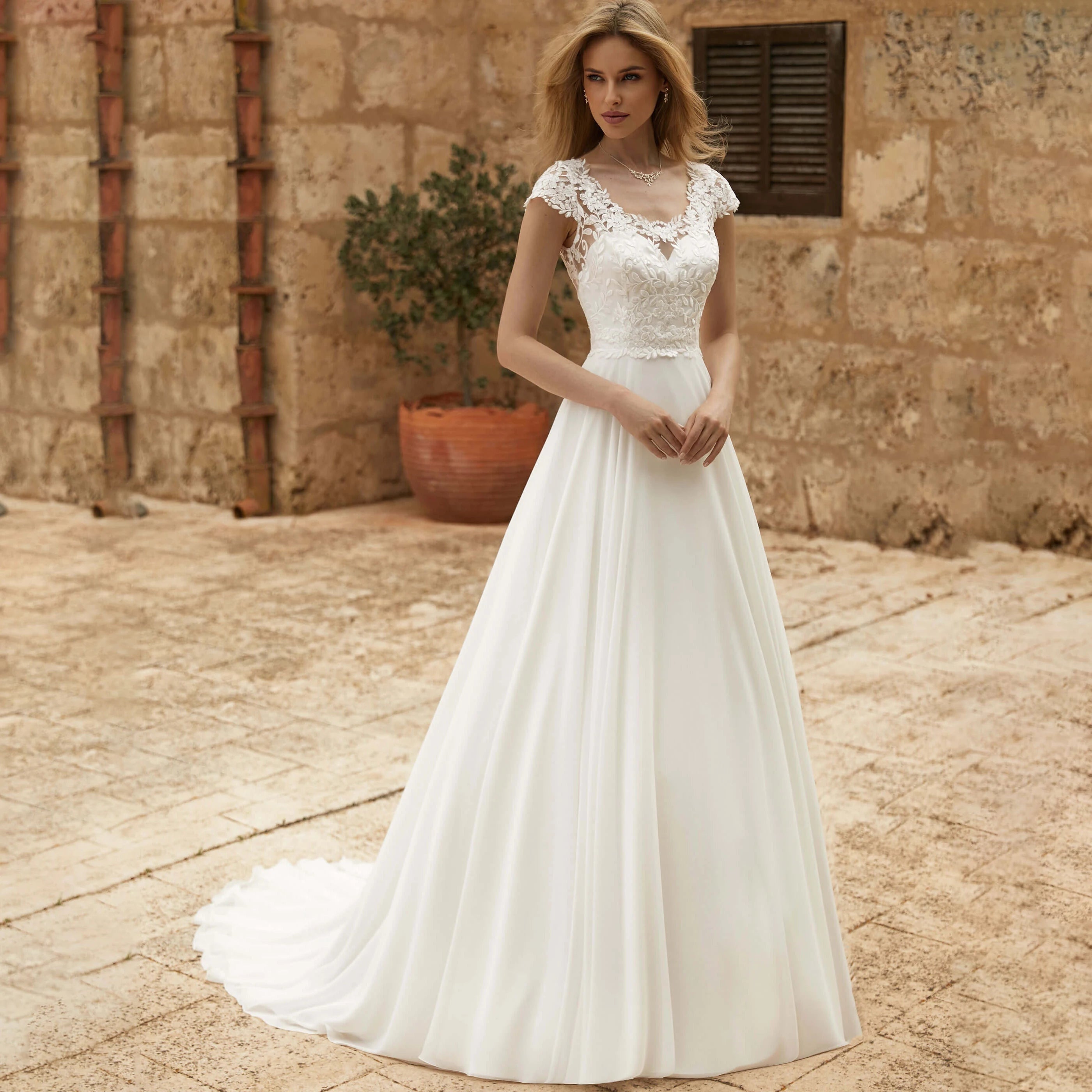 Carmela | Vestido de Novia Sencillo Encaje Mujer Corte A Cola