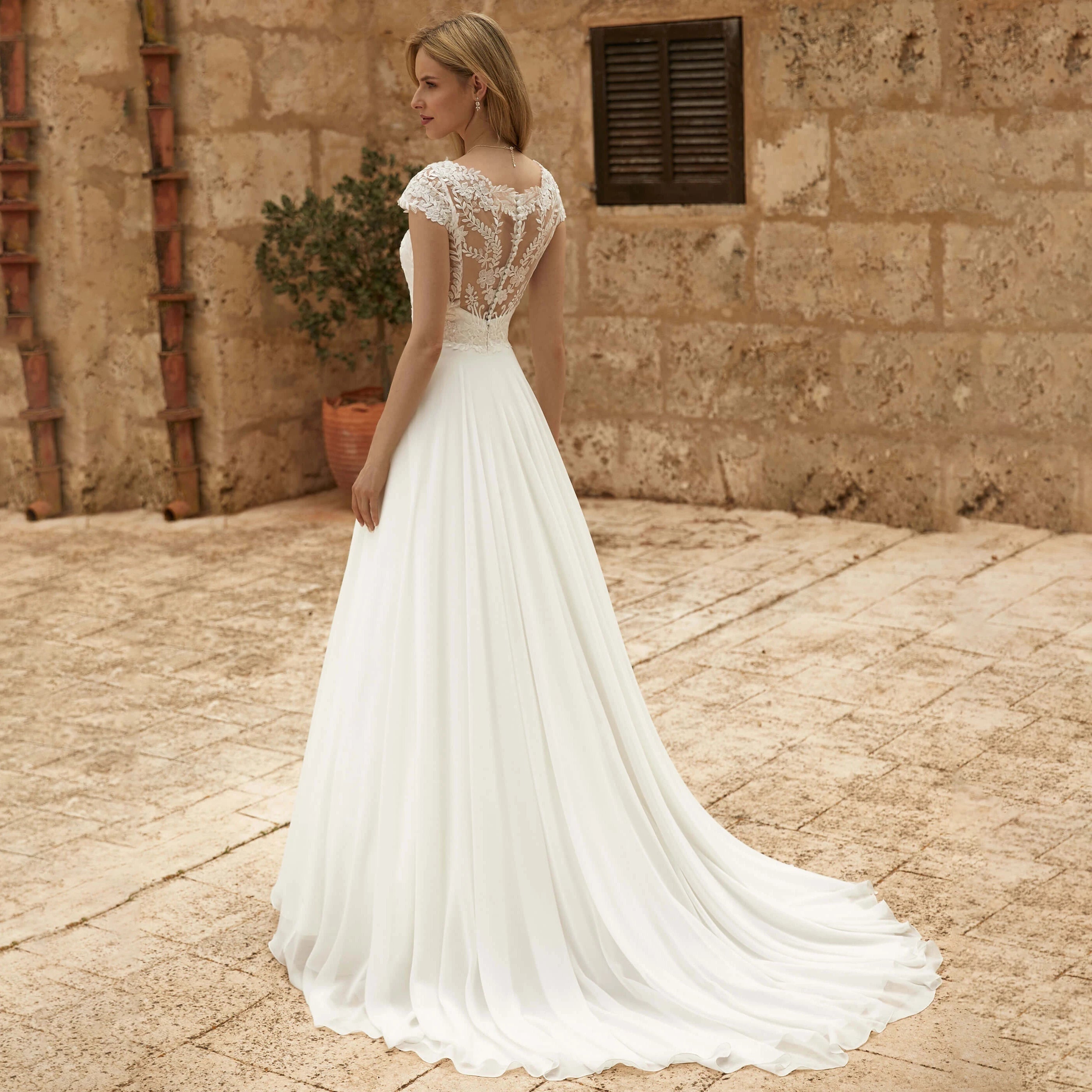 Carmela | Vestido de Novia Sencillo Encaje Mujer Corte A Cola