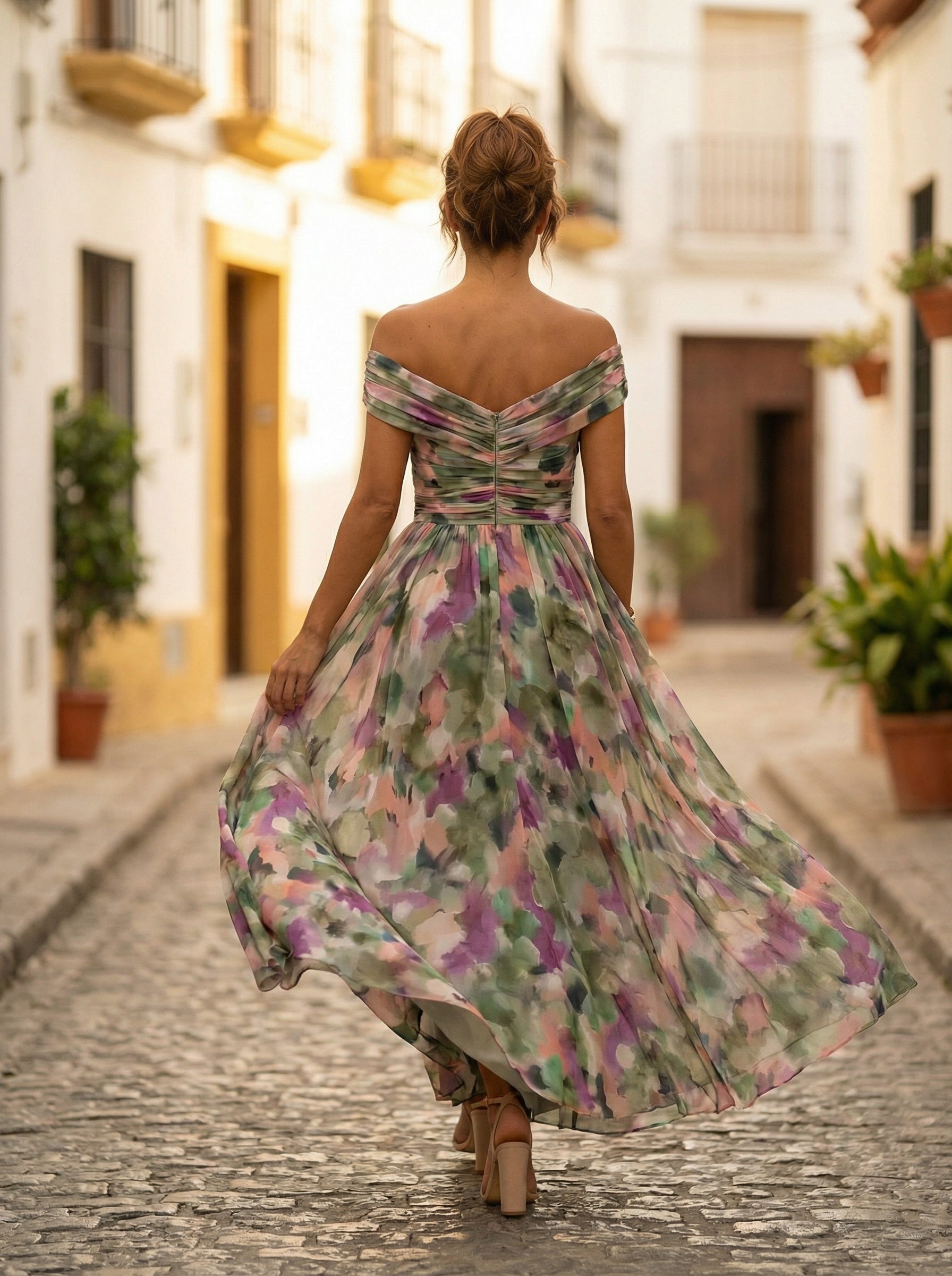 Carmela | Vestido Largo de Gala Hombros Descubiertos Mujer Plisado