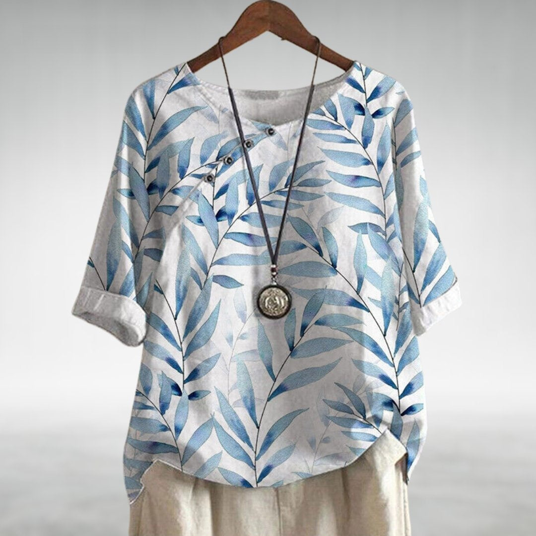 Carmen | Blusa de Lino Estampada Botánica Mujer Manga Corta