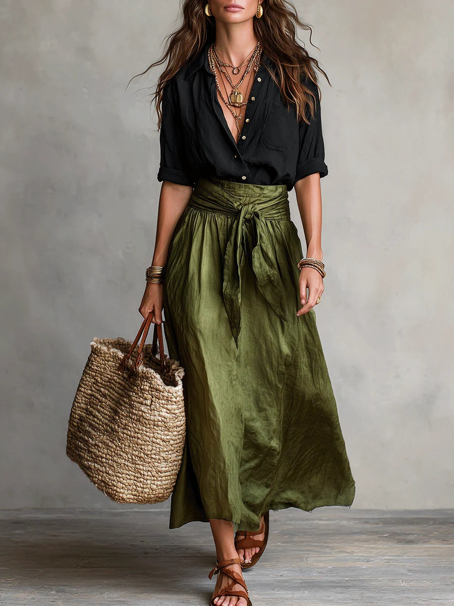 Catalina | Conjunto Elegante de Camisa y Falda Midi Mujer Cinturón
