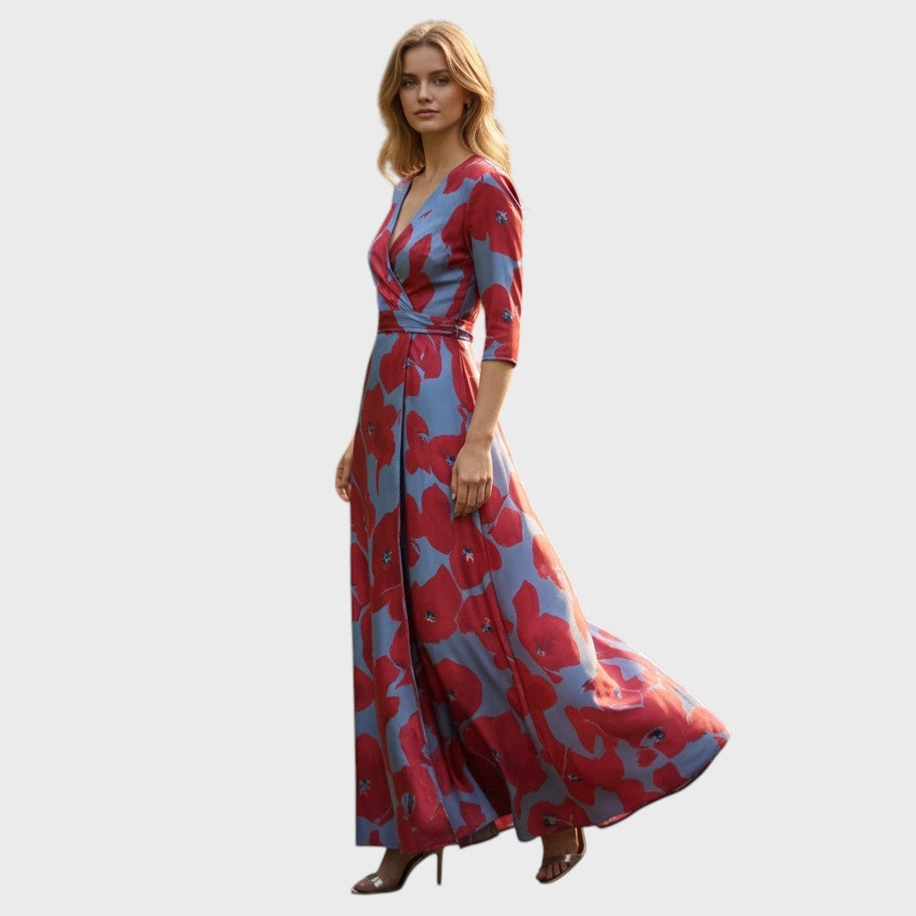 Catalina | Vestido Largo de Invitada Otoño Mujer Escote V Manga Larga
