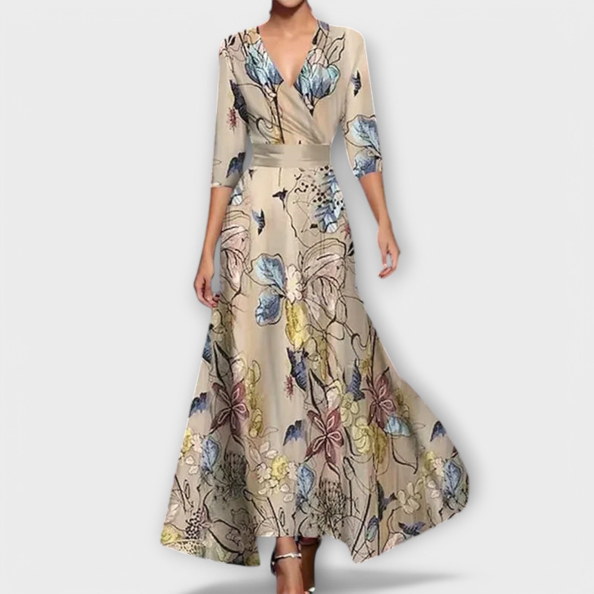 Catalina | Vestido Largo de Invitada Otoño Mujer Escote V Manga Larga