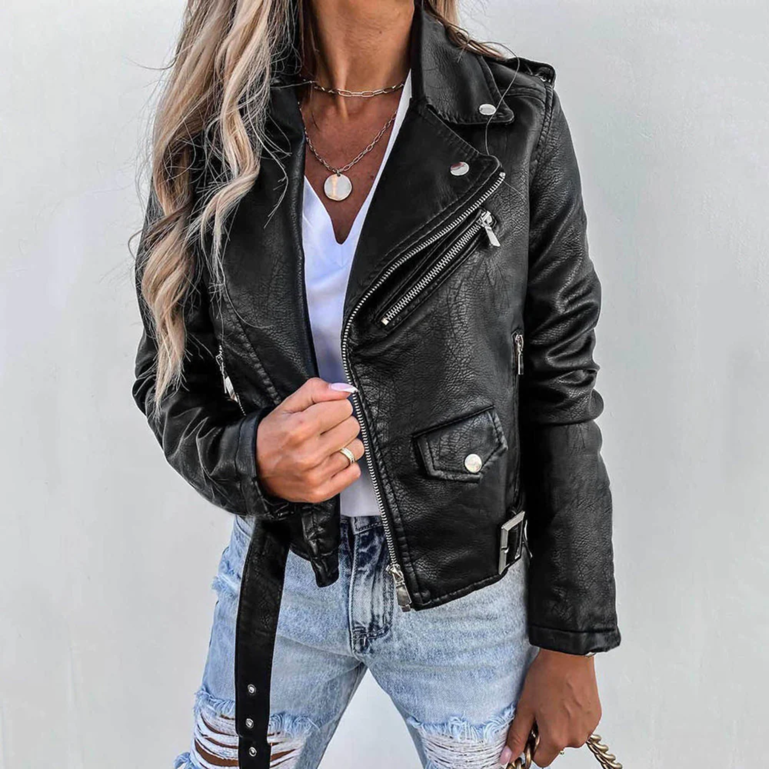 Cayetana | Cazadora Biker de Polipiel Mujer Cinturón Cremallera