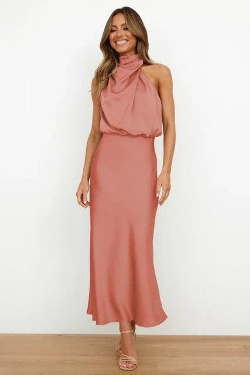 Cayetana | Vestido de Fiesta Largo Satén Mujer Cuello Halter Drapeado