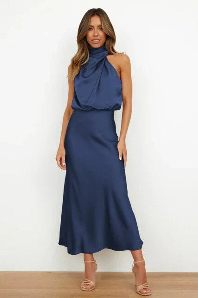 Cayetana | Vestido de Fiesta Largo Satén Mujer Cuello Halter Drapeado