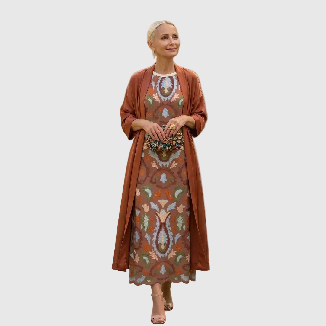 Cayetana | Vestido Invitada Invierno Midi Estampado Mujer con Duster a Juego