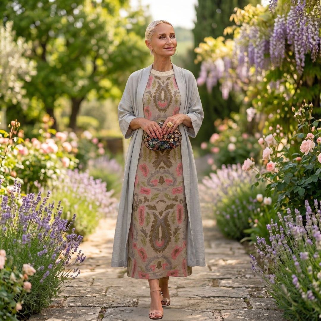 Cayetana | Vestido Invitada Invierno Midi Estampado Mujer con Duster a Juego