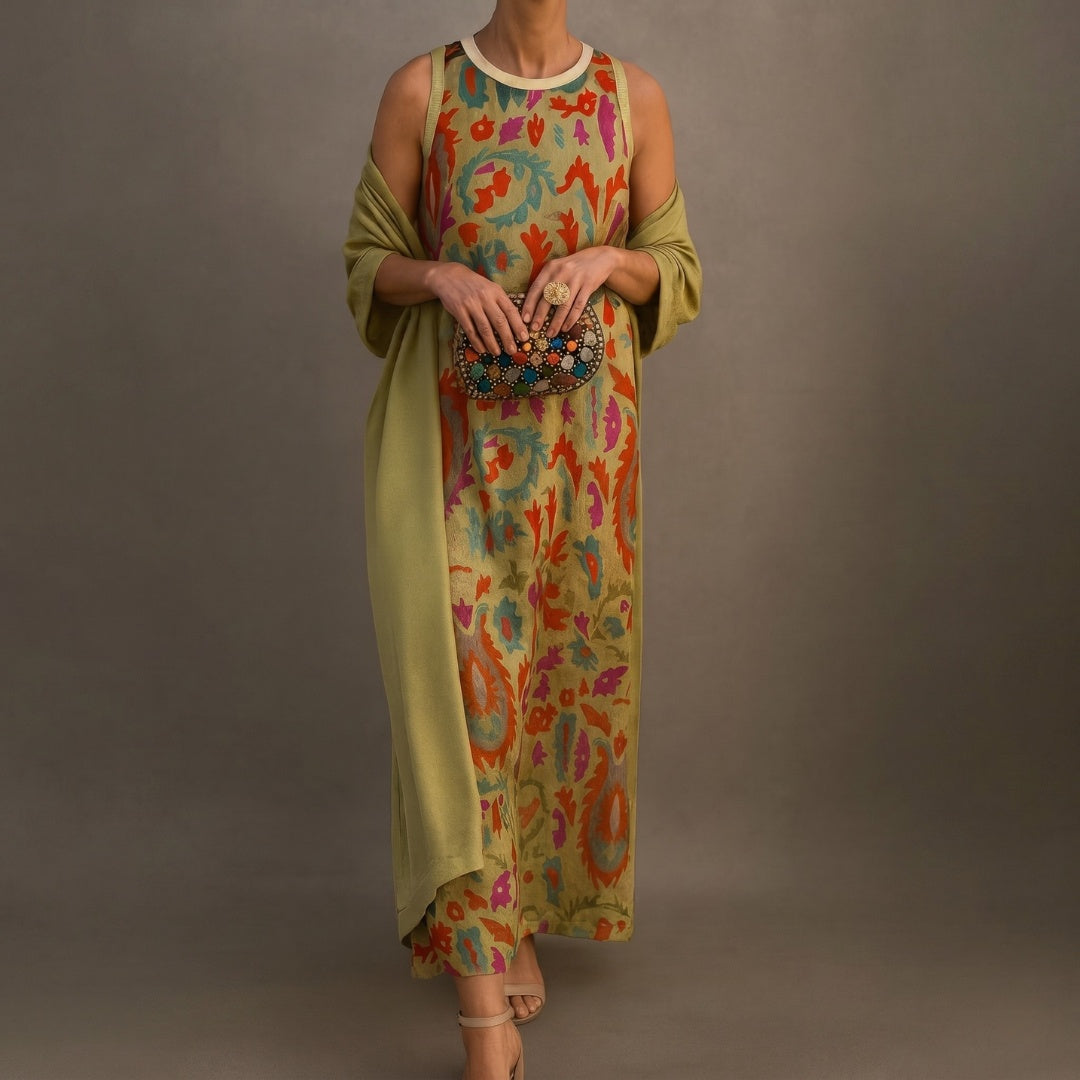 Cayetana | Vestido Invitada Invierno Midi Estampado Mujer con Duster a Juego