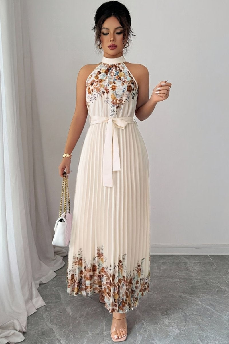 Cayetana | Vestido Largo Plisado Floral Mujer Halter Cinturón