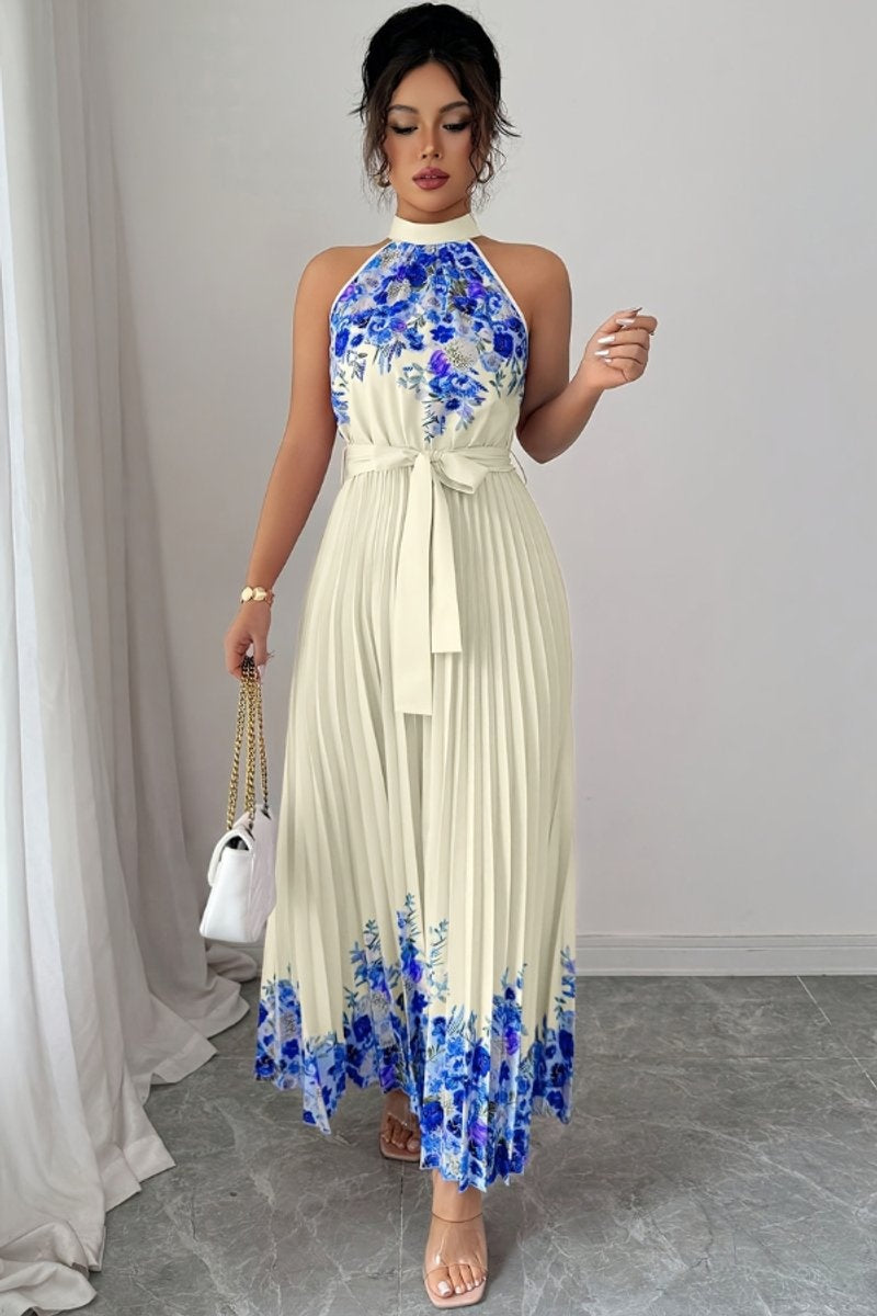 Cayetana | Vestido Largo Plisado Floral Mujer Halter Cinturón