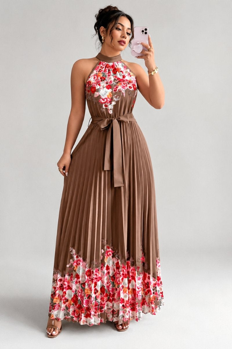 Cayetana | Vestido Largo Plisado Floral Mujer Halter Cinturón