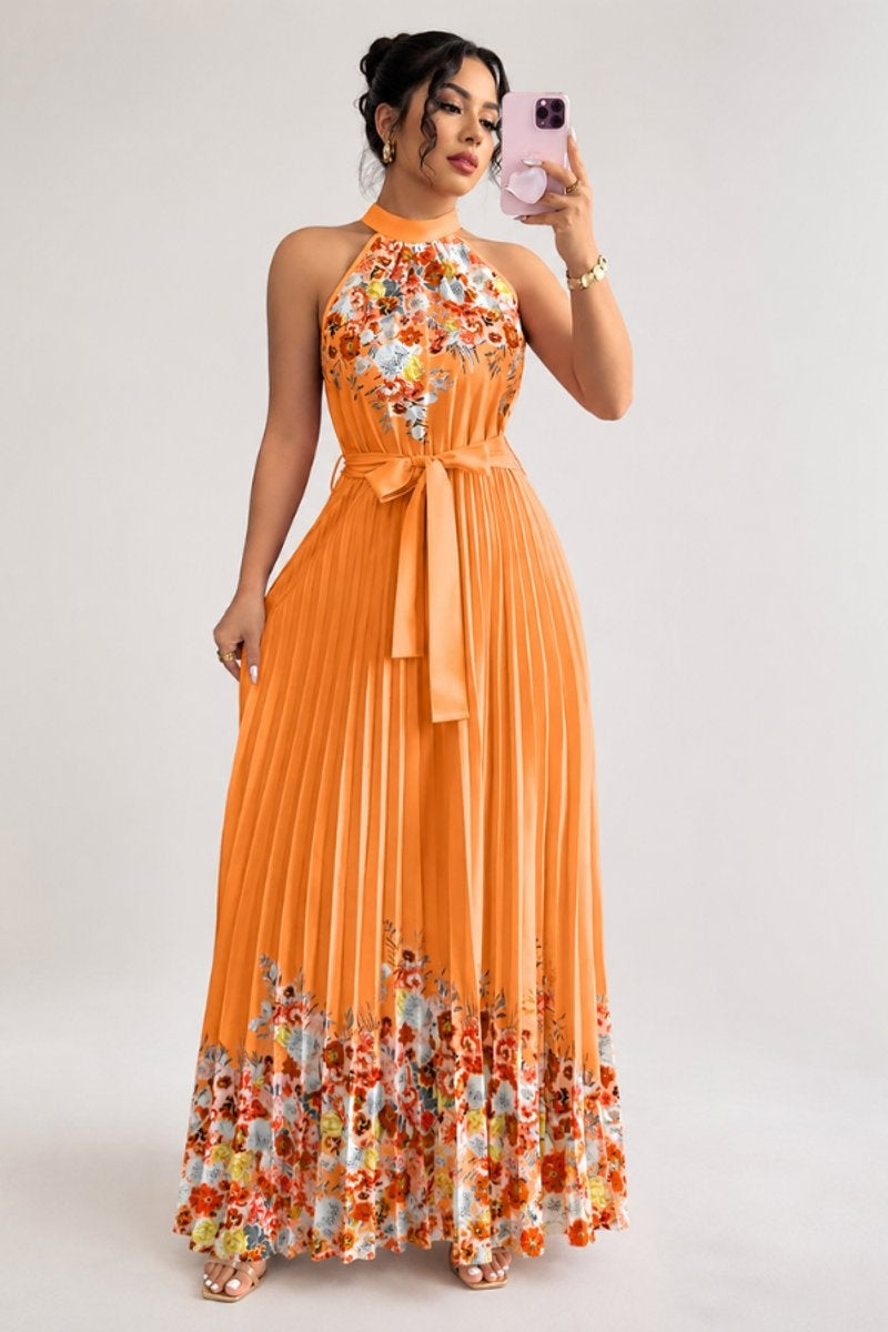 Cayetana | Vestido Largo Plisado Floral Mujer Halter Cinturón