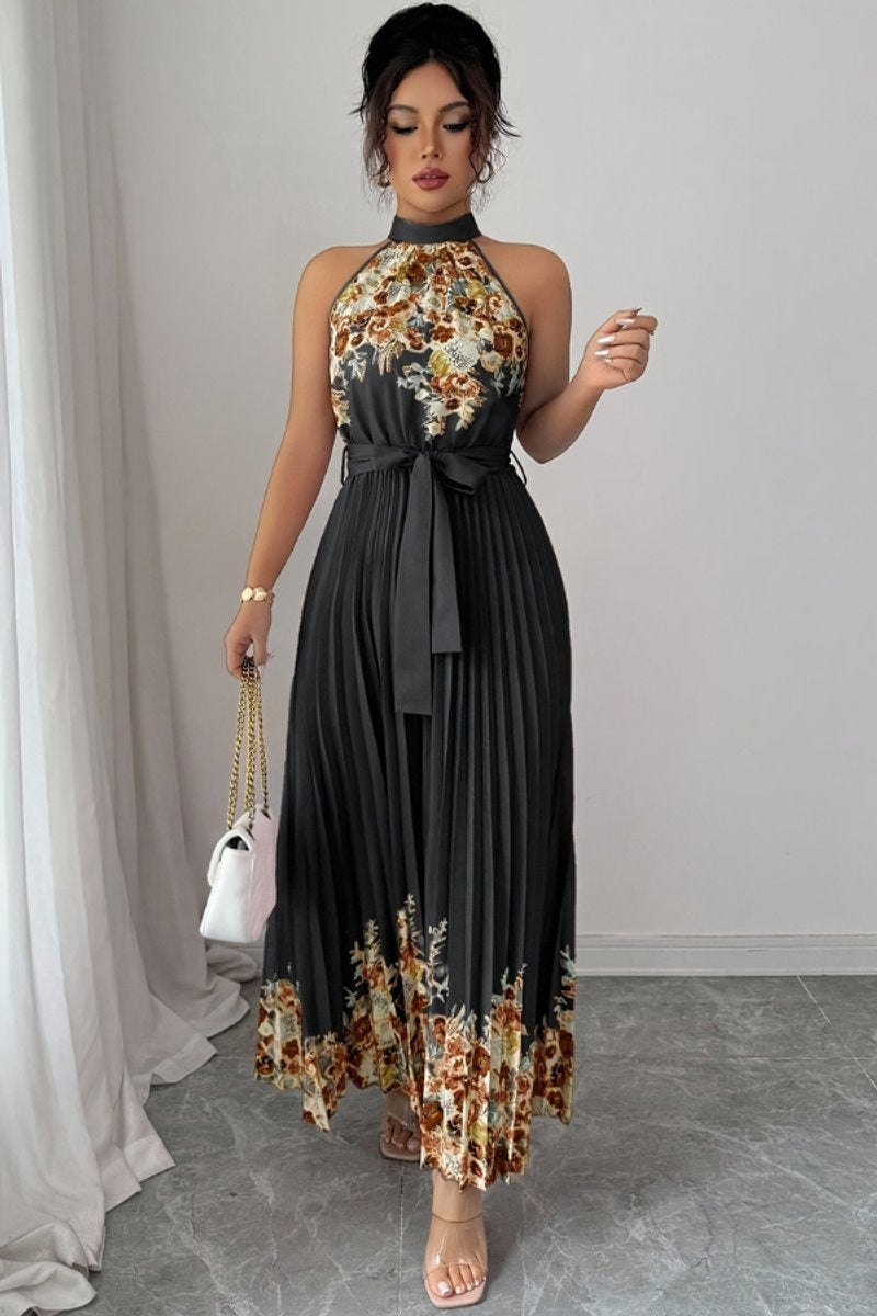 Cayetana | Vestido Largo Plisado Floral Mujer Halter Cinturón